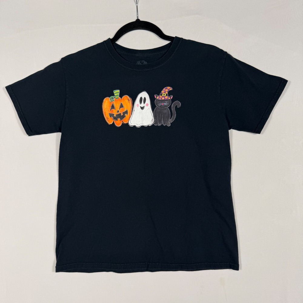 Vtg Y2K Halloween Graphic T-Shirt Black Kids XL Wms S Ghost Cat Pumpkin Kidcore